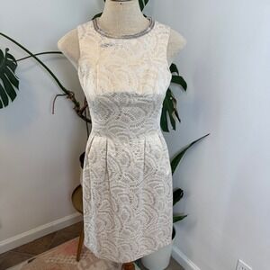 Antonio Melani Sheath Dress Womens 0 Gold Metallic Jacquard Beaded Cocktail